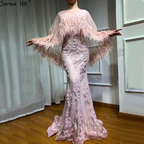 Pink Mermaid Feathers Shawl Yarn Evening Dresses 2018 Fashion Crystal Pearls Elegant Sexy Evening Gowns BLA6608