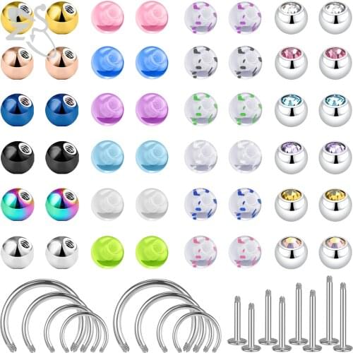 ZS Mixed Stainless Steel Screw Replacement Accessories Lot Colorful Acrylic Ball Nose Ear Eyebrow Piercings Tongue Lip Retainer