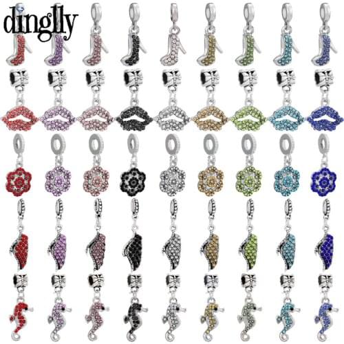 10pcs/lot Lips & High Heels & Roses & Wings Dangle 9 Colors Rhinestone Seahorse Charm Fit Brands Bracelets & Necklace Accessory
