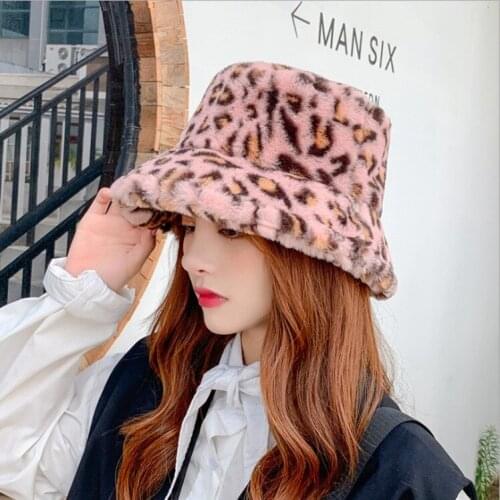 2020 Fashion Ladys Hat Winter Fur Imitation Mink Leopard Print Warm Fisherman Hat New Versatile Hats for Women