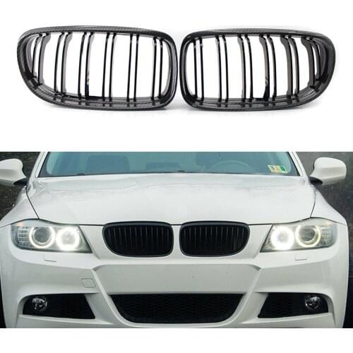 2x Carbon Fiber Black Double Slat Front Kidney Grille ABS Grill FOR BMW E90 E91 2009-2012 325i 328i 335i