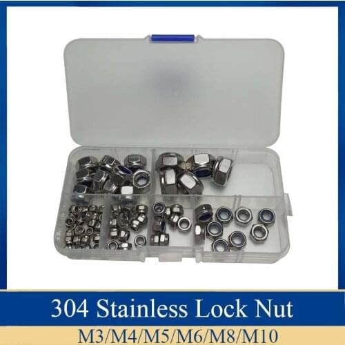 75pcs/set 304 Stainless Steel Lock Nut Nylon Insert Lock nut Assortment Kit M3/M4/M5/M6/M8/M10