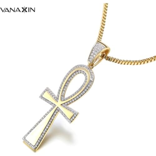 Ankh Cross Mens Necklaces&Pendants Rhodium Plated AAA Clear CZ Egyptian Hieroglyphic Fashion Jewelry Crux Ansata Chain