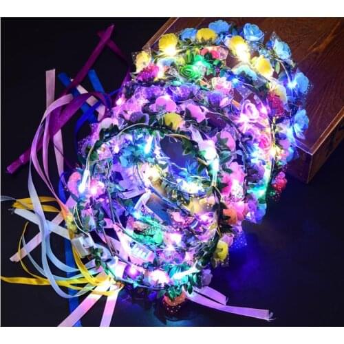Colorful LED Light Glowing Flower Headband Flashing Garland Wreath Women Girls Headwear Halloween Glow Party Supplies SN1179