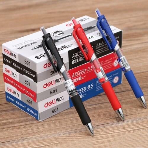 Deli S01 Press Gel Pen 0.5mm Signature Pen 12 PCS Red Blue Black Gel Pen Student Exam Pen Wholesale School Supplies Stationery