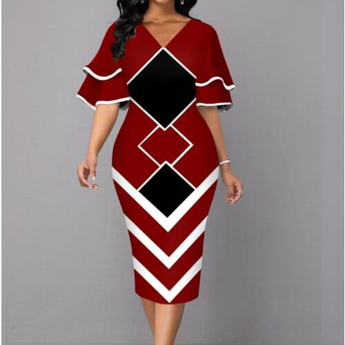 Elegant high waist geometric printed bodycon dresses Woman party night wine red black vestidos midi Ladies office church dress