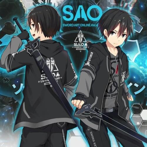 Anime Sword Art Online Kirito Cosplay Costumes Kirigaya Kazuto T-shirt Cotton Tee Top Short Sleeve Zipper Hooded Coat Pants