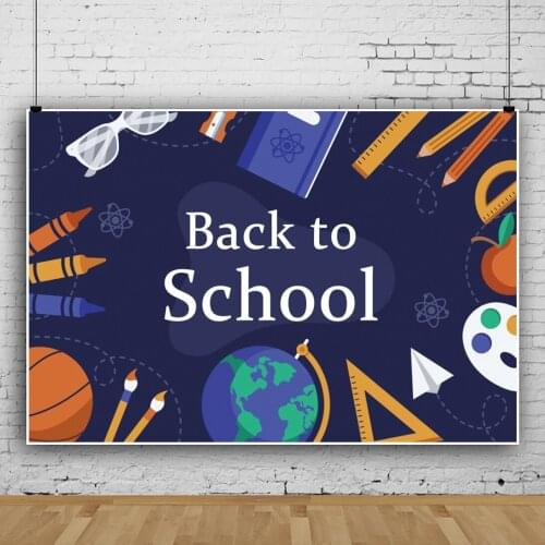 Laeacco Back To School Backdrops Stationery Student Globe Pattern Blue Background Customized Banner Photographic Photo Studio