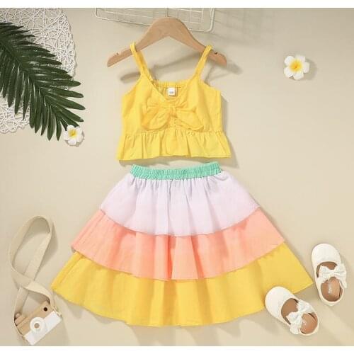 Kids Baby Girls Summer Off Shoulder Bow Solid Tops Vest Patchwork Rainbow Tiered Skirts Toddler Children Clothes Set 2pcs 12M-5Y