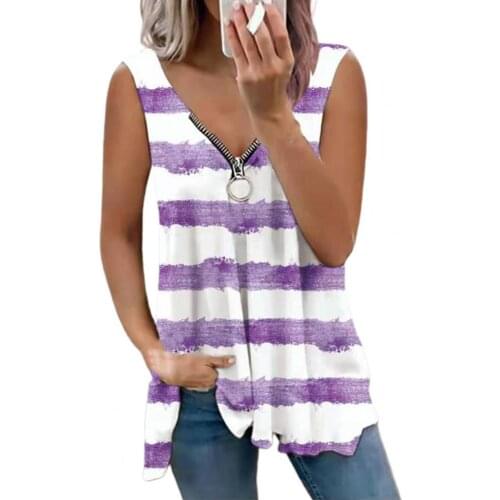 Oversized Vest Tshirt Zipper V-neck Striped Print Casual Female Tanks Top Cool Sleeveless Loose Top Office Ladies Vest