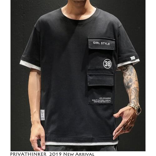 Privathinker Men 2020 Japan Style Tshirt Fake Two Pieces Streetwear Mens Hip Hop O-Neck T-shirt Male Pockets Summer Tshirt M-5XL