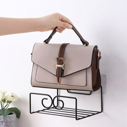 Punch-Free Wall Mounted Bag Storage Rack Wrought Iron Bag Hanger Hanging Organizer Shelf Door Bedroom Home Organizer Shelves