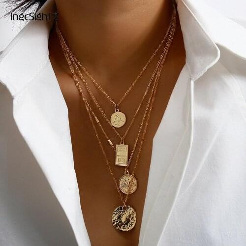 IngeSight.Z 2Pcs/Set Punk Multi Layered Carved Coin Choker Necklace Statement Portrait Square Pendant Necklace for Women Jewelry