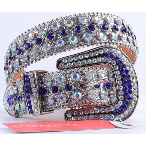 AB Blue Rhinestone Belt Western Cowboy Bling Diamond Belt Y2k Chic Crystal Studded Belts For Woman Man Cinturones Para Mujer