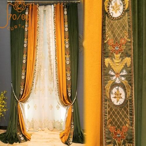 American Light Luxury Velvet Embroidery Lace Stitching Blackout Curtains for Living Room and Bedroom Bay Windows Customized