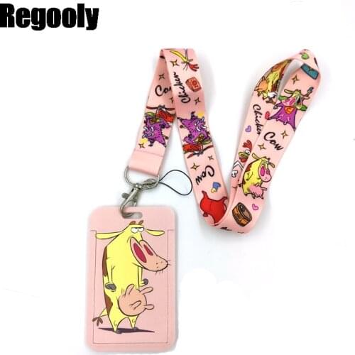 Pink Chicken and cows Lanyard Credit Card ID Holder Bag Student Women Travel Card Cover Badge Car Keychain Decorations