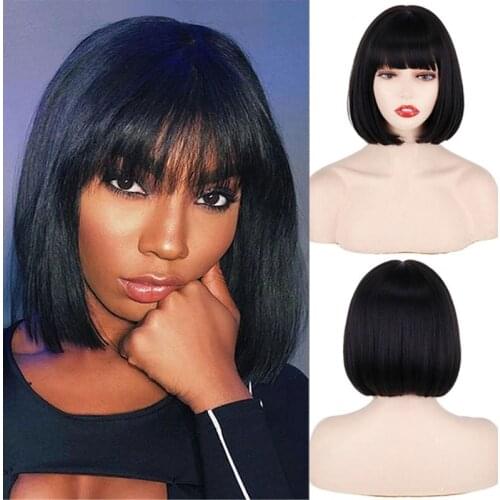 XQ Black short bob synthetic wig with bangs ladies daily wear synthetic wig black white orange 2021 new short hair