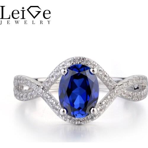 Leige Jewelry Blue Sapphire Ring Oval Shaped Wedding Engagement Rings for Women Sterling Silver 925 Jewelry Blue Gemstone