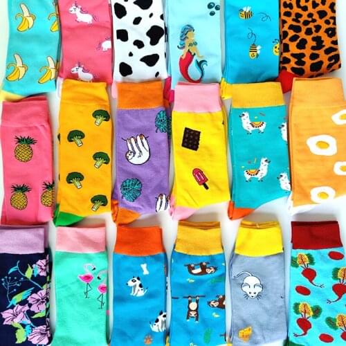 Happy Funny Socks Cool Colorful Men Socks Combed Cotton Harajuku Creative Couples Crew Socks Fruit Dog Bird Chili Pattern