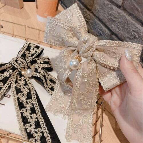 Vintage Big Bow Spring Hair Clip Brooch Lace Embroidery Bowkont Necktie Shirt Collar Fashion Jewelry Gifts for Women Accessories