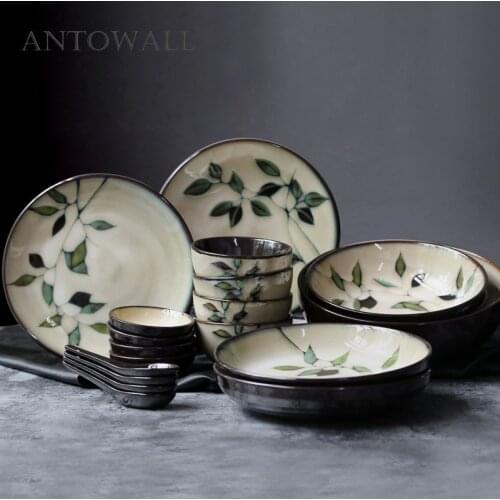 ANTOWALL Japanese Korean Ceramic Handpainted Plant Tableware Set Soup Deep Plate Flat Dish Noodle Soup Rice Bowl Sauce Dish