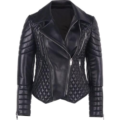 YOLOAgian Ladies Genuine Leather Jacket Women Slim Motorcycle Leather Jacket