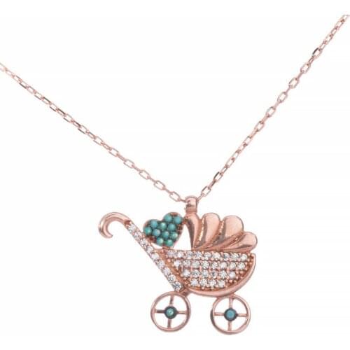 Zircon Gemstone Women Necklace Uniqe Design Women Made in Turkey Heart Baby Carriage Model Women Necklace