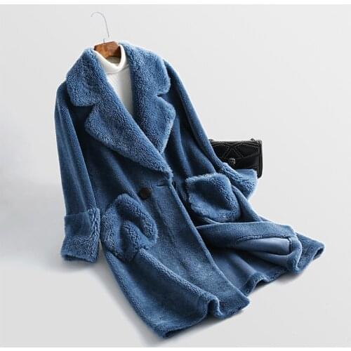 Winter Coat Women Korean Style Cashmere Turn-down Collar Pockets Real Sheep Fur Middle Length Winter Warm Lady Jackets Overcoats