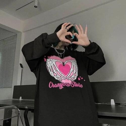 Women Gothic Printed Hoodies aesthetic Oversized Round Neck Cool Streetwear Hip-hop y2k High Street Pullover Tops grunge clothes