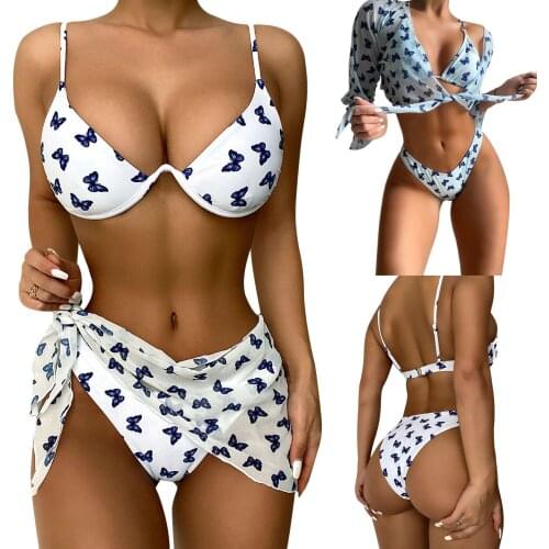 Hirigin Women Split 2PCS Swimsuit Set Butterfly Print Deep V-neck Bikini And Elastic Waist Panties With Mesh Cover Ups for Beach