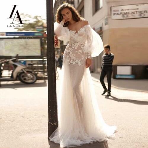LelaAcra Boho Long Sleeve Wedding Dress 2020 Sweetheart Appliqued Mermaid Bridal Gown Princess LM01 Plus Size Vestido De Novia