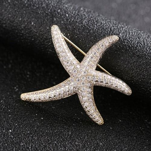 Zhijia new arrival fashion starfish pins brooches for women luxury crystal rhinestone brooches accessories