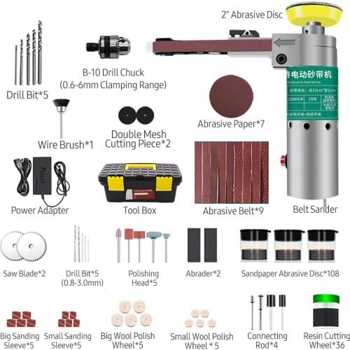 211pcs 100W Electric Belt Sander Electric Grinder Polisher 7-Speed Grinding Machine &Sanding Belts Drill Bit 10-inch Tool Box