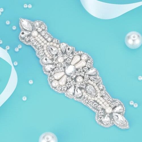 30PCS) Silver hand beaded crystal rhinestone pearl applique patch motif sew on iron on for wedding dresses accessory WDD1105