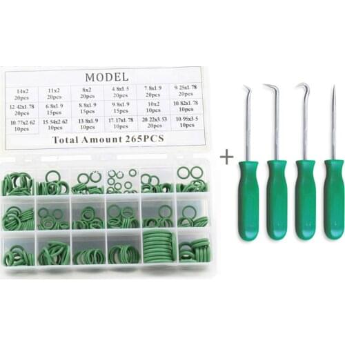 4pcs O Ring Seal Pick Hooks Puller Remover Tool with Green 265pcs O-ring Assortment Set Kit