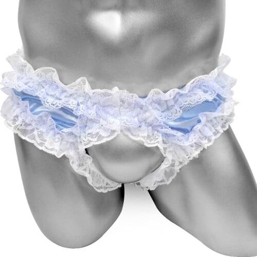 Shiny Satin Sissy Briefs With Ruffles Lace Panties Mens Briefs Open Front Penis Hollow Underwear Sexy Gay Lingerie Underpants