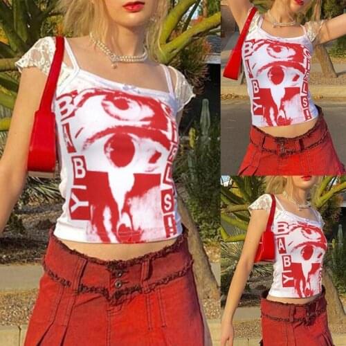 Women Spaghetti Strap Crop Top Harajuku Red Abstract Eyes Print Slim Camisole