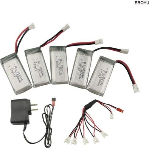 EBOYU 5pcs * 3.7V 550mAh 25c Lipo Battery + 2 to 5 Charger Cable + 3.7V Charger Plug for JXD 523 523W H43WH RC Quadcopter Drone