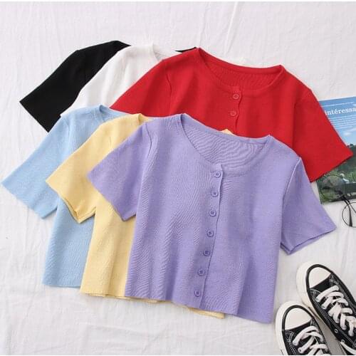 OUMEA Knitted Cardigans Women Short Sleeve Round Neck Buttons Front Crop Cardigans Vintage Top Summer Office Lady Wear Knit Top