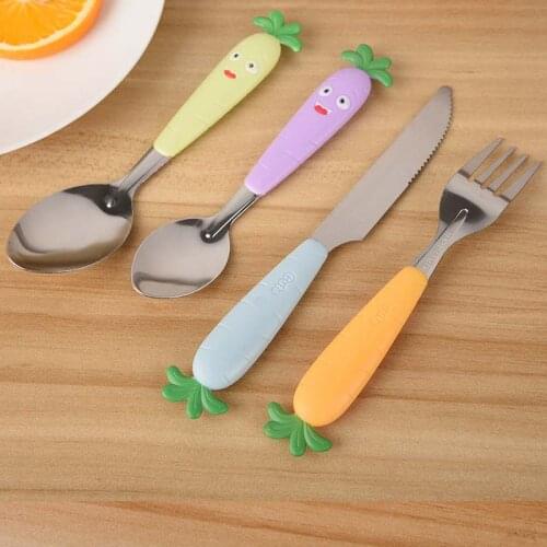 4Pcs/Set Feeding Spoon Babies Stainless Steel Tableware Cartoon Spoons Dishes Newborns Infants Utensils Learning Spoons Fork Set