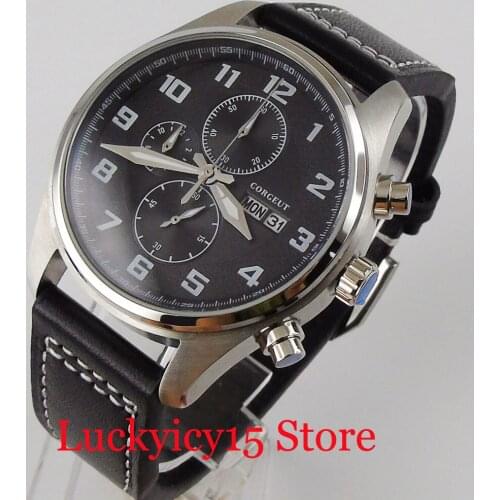 CORGEUT QUARTZ Men Wristwatch Chronograph Classic Day Date Display Steel Case Leather Band Sub Dial Indicator Mineral Glass