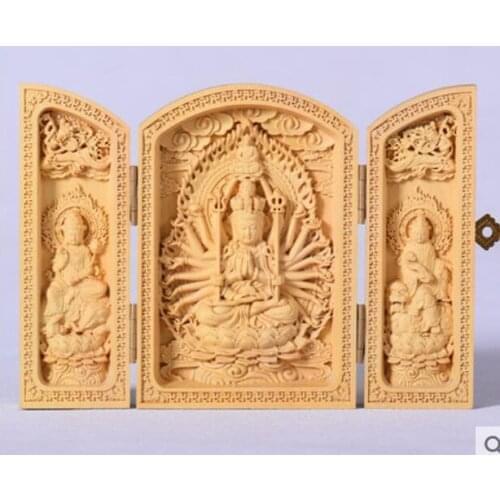 Small leaf boxwood Carved western three holy Buddha Guanyin furnishing articles Solid wood portable buddhist shrine Three open