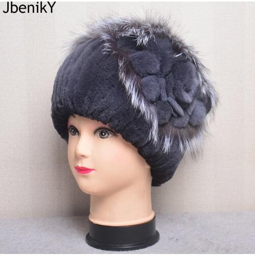 New Fashion Women Fur Hat For Winter Natural Rex Rabbit Fox Fur Cap Russian Female Fur Headgear Brand Luxury Warm Beanies Cap