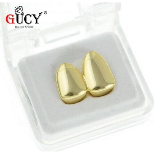 GUCY Double Caps Gold Color Plated Teeth Grillz Canine Plain Two Teeth Right Top Single Caps Grills Halloween Gift