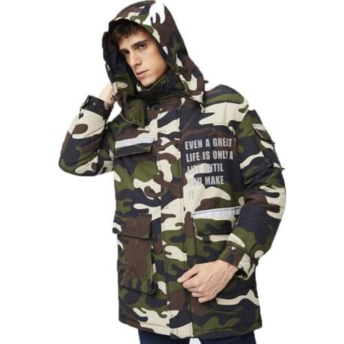 New Mens Winter Medium-long Down Jacket Tooling Style Camouflage Windproof Outerwear with Big Pocket Casual Fashion