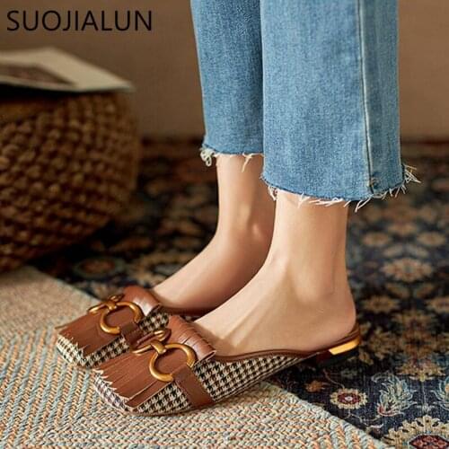 SUOJIALUN 2021 Brand Designer Women Slippers Flat Heel Casual Shoes British Buckle Slides Ladies Round Toe Slip On Mules Shoes