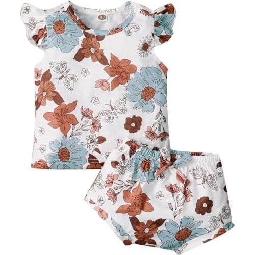 New Baby Short Sleeve + Shorts, Flower Print Elastic Waist Loose Version Color Block Summer Clothing