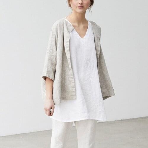 Vintage 100% Linen Women Cardigan Jackets Loose Casual Three Quarter Sleeve Japanese Korean Female Coats MZYCSC1602Y