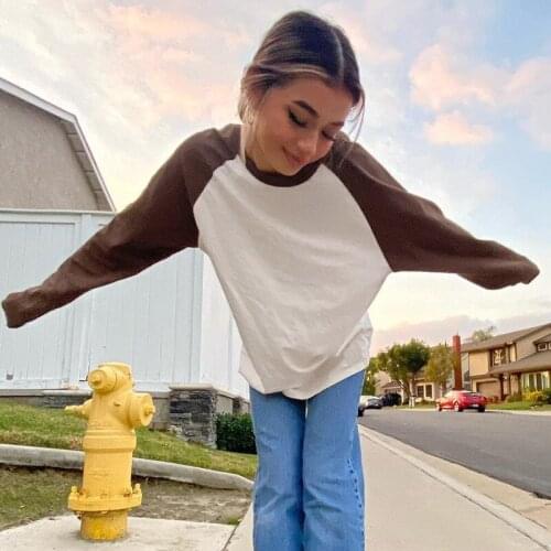 Y2K Brown T Shirt Autumn Pullovers Streetwear O Neck Long Sleeve Top Women Casual Basic Loose Patchwork Tee