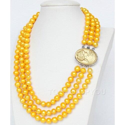 Free Shipping >>Genuine 3rows 9mm Golden yellow cultured pearls necklace cameo clasp